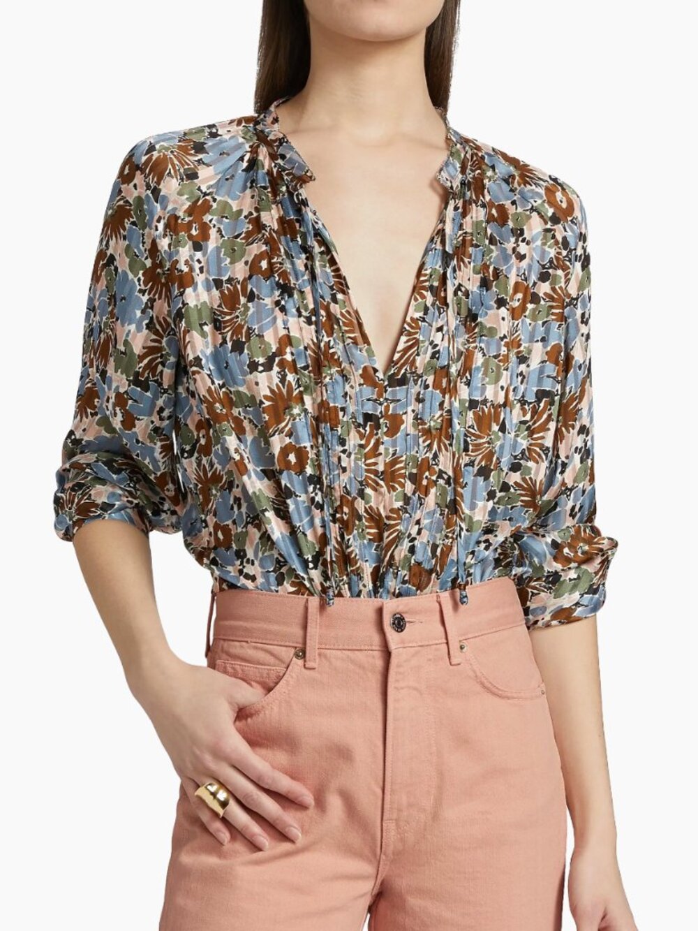 Veronica Beard Linds Floral Lake Mist Silk Chiffon Pleated Blouse Size 12 EUC
